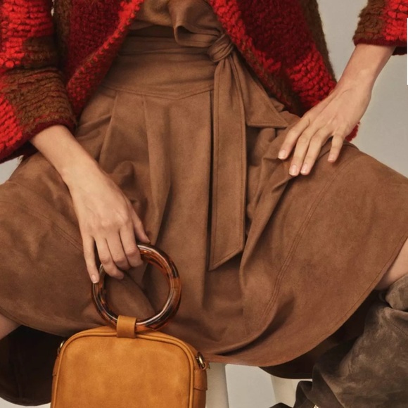 Lucite-Handled Mini Vegan Crossbody Bag Camel,/Tortoise Handle 7” x 6” - Picture 3 of 9